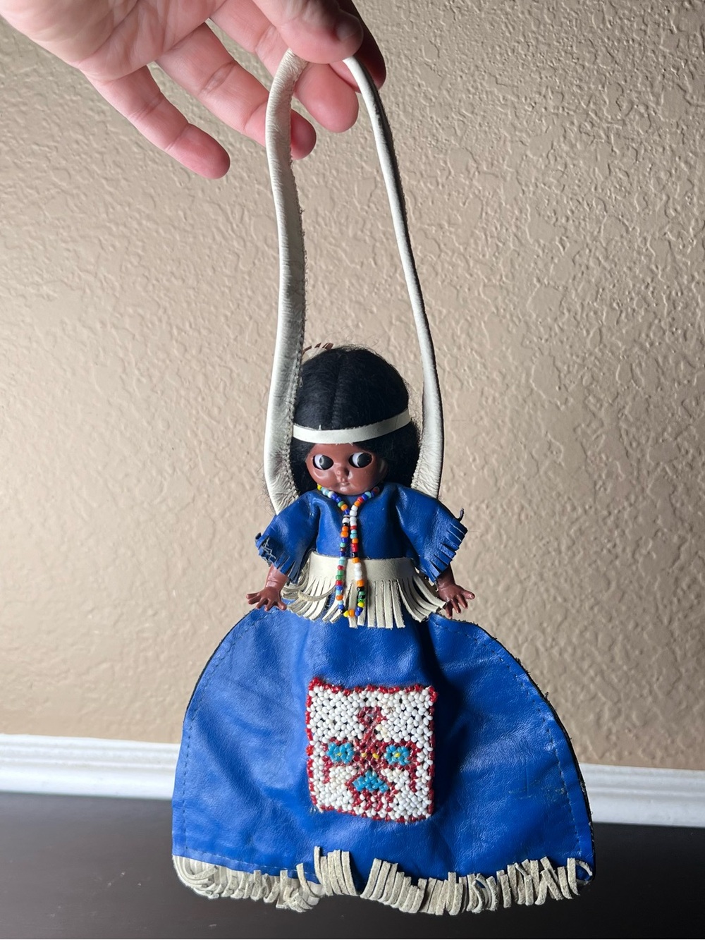 Vintage 1950s Googly Eyed Native Souvenir Doll Bag Leather Beaded Wristlet Purse